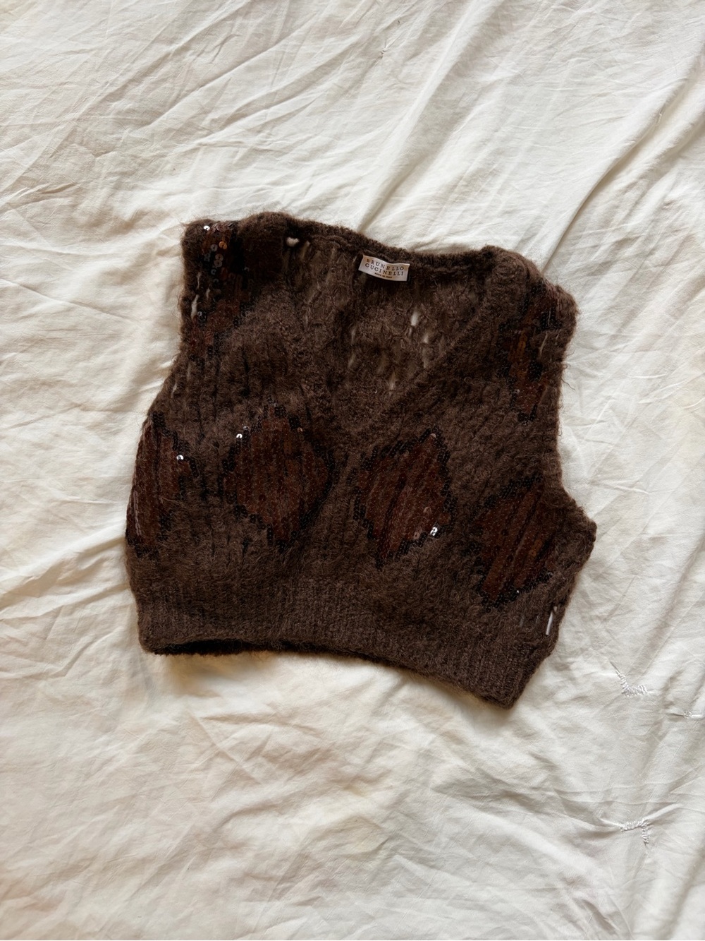 Brunello Cucinelli Brown V-Neck Knit Vest with Sequin Detail